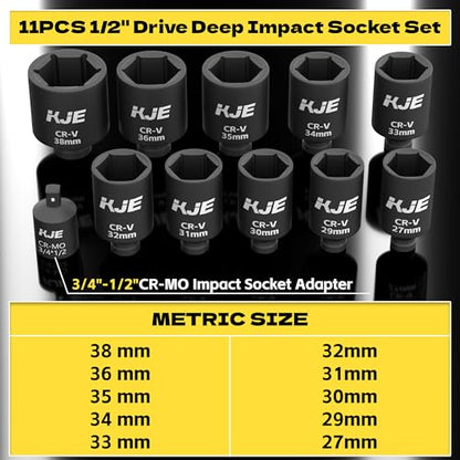 KJE 11PCS 1/2 Drive Metric Deep Impact Socket Set, Size 27,29,30,31,32,33,34,35,36,38mm, large jumbo axle nut socket set, big heavy duty socket set - size: 11PCS Metric