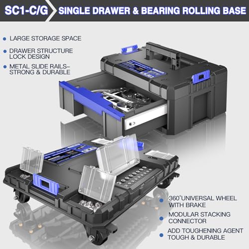 4 Tier Stackable Rolling Tool Box with Wheels | Modular Tool Organizer Box Storage System | Portable Tool Box with Drawers | Tough and Durable | For Garage Storage | Home Repairs | Professional Work
