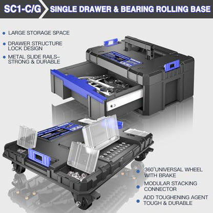 4 Tier Stackable Rolling Tool Box with Wheels | Modular Tool Organizer Box Storage System | Portable Tool Box with Drawers | Tough and Durable | For Garage Storage | Home Repairs | Professional Work