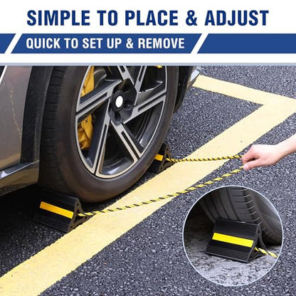 WORKPRO 4-Pack Wheel Chocks, Rubber Wheel Chocks with Rope, Heavy Duty Non-Slip Wheel Chock for RV, Trailer, Cars & SUVs, Tire Stopper Wedges with 3 Reflective Strips for Garage and Driveway