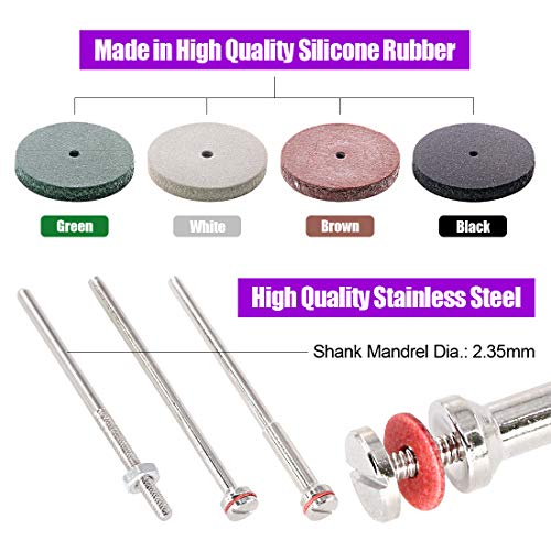 Swpeet 52Pcs Polishing Wheels Kit, 40Pcs 4 Colors Mixed Lab Beauty Silicone Rubber Polishing Wheels + 12 Mandrel Shank Perfect for Rotary Hand Pieces Rotary Tool