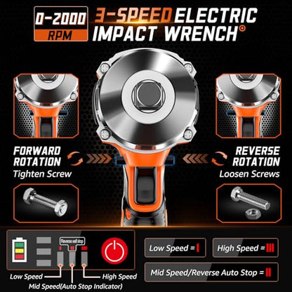 1300N.m(960Ft-lbs) Cordless Impact Wrench 1/2" Brushless High Torque Impact Wrench with 2x 4.0Ah Batteries, 6 Sockets, Charger, Extension Bar for Car, RV, Truck Wheel Lug Nuts