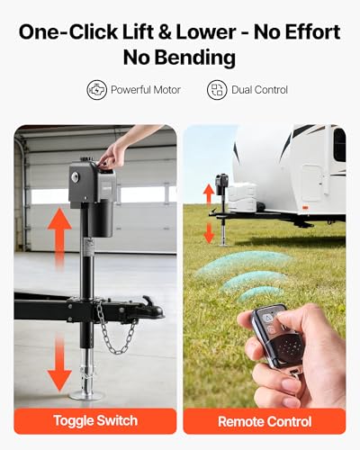 VEVOR Electric Trailer Jack, 7500 lbs Capacity, Electric Power Tongue Jack with Waterproof Protective Cover & LED Light for Travel Trailer, Camper, RV, 9.84-33.85 in Lift, 12V DC with Wiring, Black - size: 7500 lbs