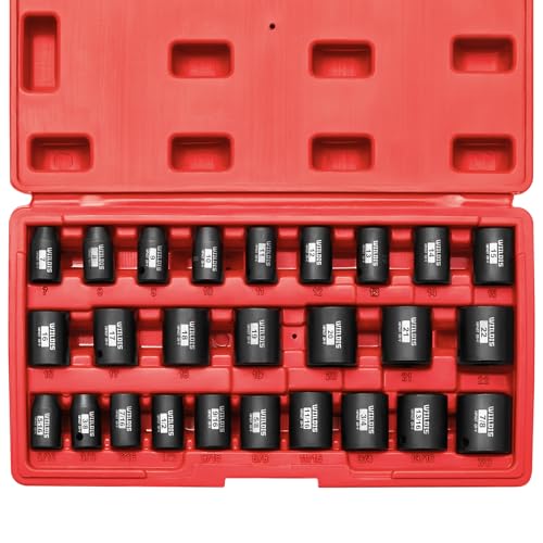 WIILDIS 26 PCS 3/8" Drive SAE and Metric Impact Socket Set, SAE 5/16” to 7/8", Metric 7mm to 22mm, Premium Cr-V Steel, 6-Point Hex Designt,Cr-V Steel - size: 26-Piece