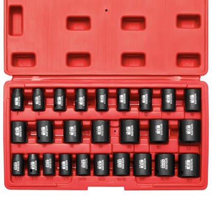 WIILDIS 26 PCS 3/8" Drive SAE and Metric Impact Socket Set, SAE 5/16” to 7/8", Metric 7mm to 22mm, Premium Cr-V Steel, 6-Point Hex Designt,Cr-V Steel - size: 26-Piece