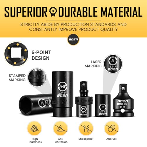 BOEN 1/2" Drive Impact Socket Set, 72 Piece Standard SAE (5/16"-1-1/4") & Metric (8-24 mm), Deep & Shallow Kit | Includes Ratchet Handle & Adapters | 3 ", 5", 10" Extension Bar