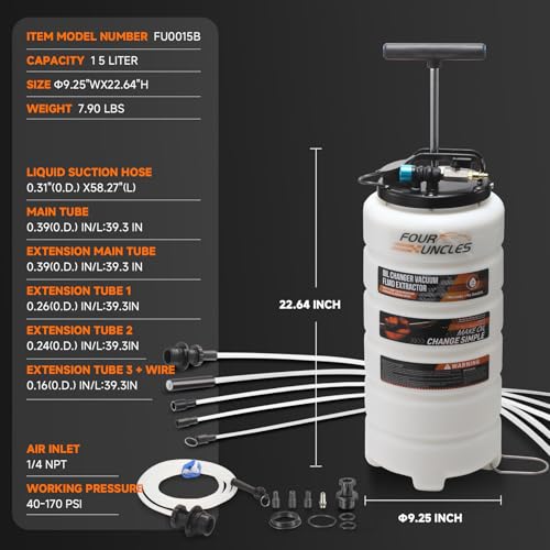 FOUR UNCLES 15L Oil Extractor Pump with Main Tube Extension | 15L Capacity, Dual-Mode Extraction, Main Tube Extension, 3 Suction Tubes, Brake Bleeding Hose - size: 15L Manual/Pneumatic Plus