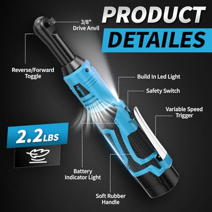 FULLYEA 3/8" Cordless Ratchet Wrench Set, 40 Ft-lbs, 550 RPM, 16.8V Electric Ratchet, Extended Power Ratchet Tool Kit with Variable Speed, 2 * 2.0Ah Battery, 1/4" Adapter & 3" Extension Bar(Blue)