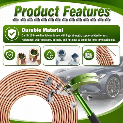 25Ft 5/16 Brake Line Kit with 16PCS Inverted Tube Nuts,Flexible 5/16 Copper Tubing Kit,Copper Coated Car Brakes Line Repair Kits for Hydraulic Fuel Transmission System