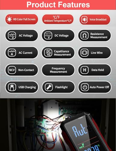 Rechargeable Digital Multimeter 6000 Counts True RMS Smart Tester with 5-Inch Screen, Auto-Range, NCV Detection, Capacitance & Temperature for Home Automotive Industrial Electrical Repairs (Red)