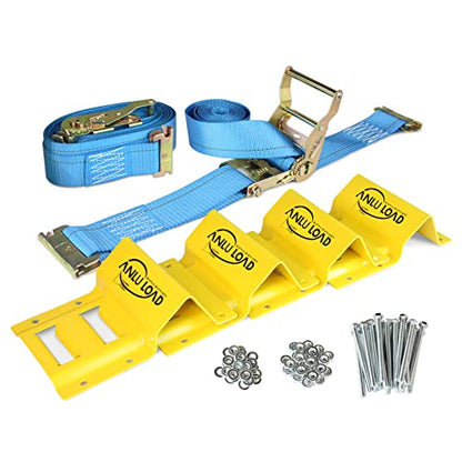 ANLULOAD Wheel Chock Tie Down Kit,2Straps & 4Chocks,Bs:4,400Lb,L:2in*8Ft. | E Track Tie Down System for Atv,Utv,Lawn Mower.