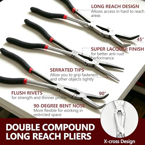 3PCS 13" Double Jointed Long Needle Nose Pliers Set, 0°/45°/90° Bent Nose Extra Long Pliers with Comfort Grips for Automotive Repair & Confined Spaces