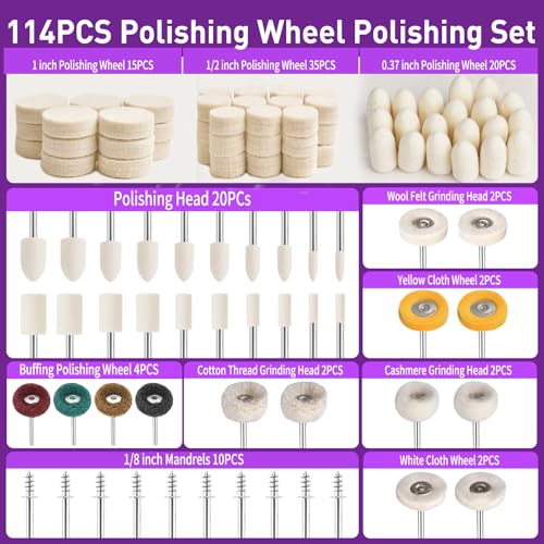 114 PCS Polishing Bits for Dremel, Abrasive Buffing Wheels 1/8 Inch Shank with 3Pcs Polishing Compound, Polishing Kit Rotary Tool Accessories for Metal Wood Watch Jewelry Glass Brass - style: 117 PCS