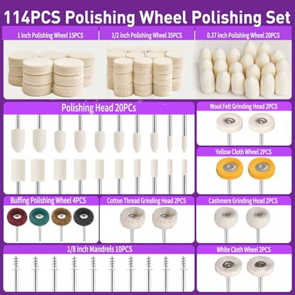114 PCS Polishing Bits for Dremel, Abrasive Buffing Wheels 1/8 Inch Shank with 3Pcs Polishing Compound, Polishing Kit Rotary Tool Accessories for Metal Wood Watch Jewelry Glass Brass - style: 117 PCS