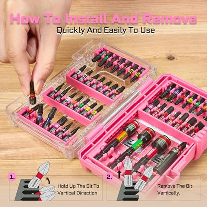 Geinxurn 47Pieces Impact Screwdriver Bits Set, Magnetic S2 Steel 1” Phillips/Square/Torx/Slotted/Hex/Security Torx Bits Tips,Impact Bit Holder with Pink Storage Box Case - style: UTC047-PK