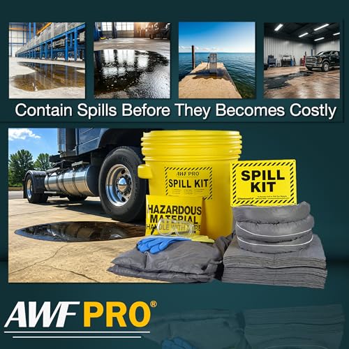 AWF PRO 20 Gallon Universal Spill Kit, 59 Pieces | Includes DOT Approved 20 Gallon Drum, Sorbent Socks, Pads, & Pillows, & Accessories - size: Universal Spill Kit