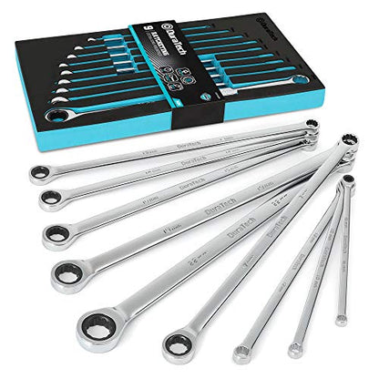 DURATECH Extra Long Ratcheting Wrench Set, Double Box End, Metric, 9-Piece | 8mm-22 mm, CR-V, 72-Tooth, 5° swing arc, 12-Point, More Torque, for Narrow Spaces, with EVA Foam Organizer - size: 9-Piece Set