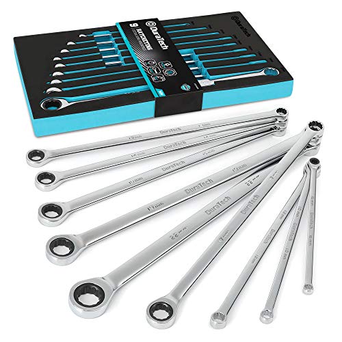 DURATECH Extra Long Ratcheting Wrench Set, Double Box End, Metric, 9-Piece | 8mm-22 mm, CR-V, 72-Tooth, 5° swing arc, 12-Point, More Torque, for Narrow Spaces, with EVA Foam Organizer - size: 9-Piece Set