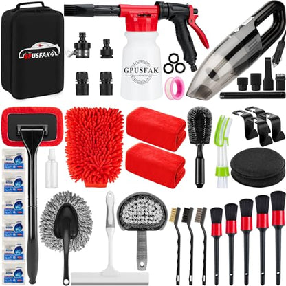 42Pcs Car Wash Cleaning Kit with Foam Gun Sprayer Detailing Brushes Car Vacuum Windshield Cleaning Tool Tire Brush Towels Complete Interior Exterior Detailing Set for Car - size: 42Pcs