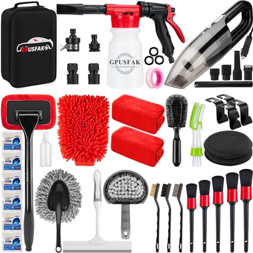 42Pcs Car Wash Cleaning Kit with Foam Gun Sprayer Detailing Brushes Car Vacuum Windshield Cleaning Tool Tire Brush Towels Complete Interior Exterior Detailing Set for Car - size: 42Pcs