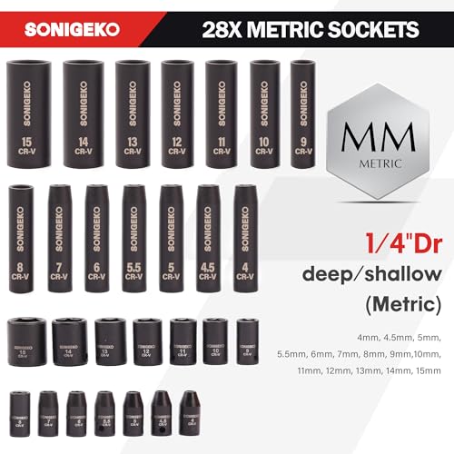 55-Piece 1/4" Drive Impact Socket Set, 6-Point deep & standard SAE/Metric(5/32"-9/16", 4-15mm), CR-V steel. Includes 2",4",6" Extension Bars, Universal Joint & Adapter,Ratchet Handle - size: 55 PCS, 1/4" Socket Set, Metric & SAE