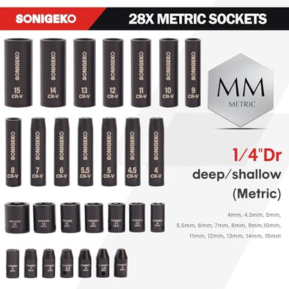 55-Piece 1/4" Drive Impact Socket Set, 6-Point deep & standard SAE/Metric(5/32"-9/16", 4-15mm), CR-V steel. Includes 2",4",6" Extension Bars, Universal Joint & Adapter,Ratchet Handle - size: 55 PCS, 1/4" Socket Set, Metric & SAE