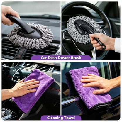 Windshield Cleaning Tool, 13PCS Car Detailing Kit Interior Cleaner, Car Window Cleaner with Extendable Handle, Car Interior Cleaning Kit with Detailing Brushes for Women Men (Purple) - color: purple