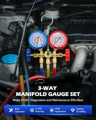 Orion Motor Tech AC Gauge Set, 3-Way AC Manifold Gauge Set for R134a R410A R404A R22 Refrigerant with 5ft Hoses, Automotive A/C Gauge with R134a Couplers Self-Sealing Can Tap R410A Adapter 29° Adapter - size: R134a R22 R410a R404a
