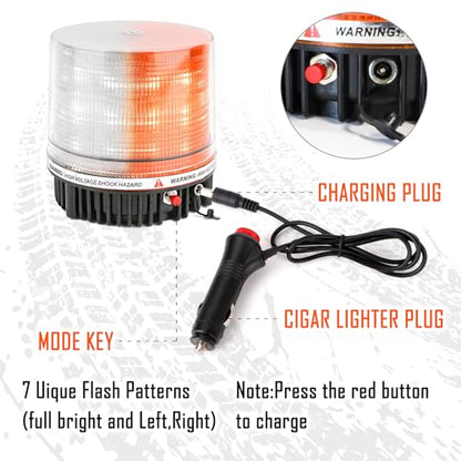 LED Wireless Rotating Beacon Battery Strobe Warning Light Amber White | Hazard Flash Emergency Safety Roof Top Lights Magnetic Base Mount and Rechargeable Portable For Plow Tractor UTV Golf Cart - color: Amber/White