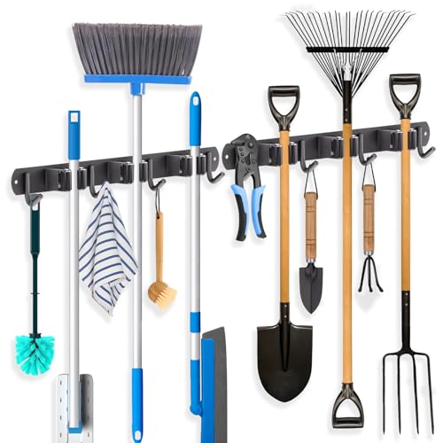 ZONGOOL 2 Pack Mop Broom Holder Wall Mount 3 Racks 4 Hooks Storage Black | 304 Rustproof Stainless Steel Broom Hanger, Non-Slip Wall Mount Organizer, Space Saving For Kitchen, Laundry, Garden - color: Black, size: 2Pack 3R4H