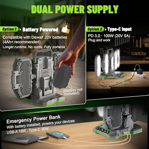 Azocek 10,000LM Portable LED Work Light Compatible with Dewalt 20V Battery, 6 Brightness + Boost Mode, 5 Color Temps, Foldable 4-Panel with Detachable Mini Light, Tripod Mount & Hook (Tool Only) - color: Yellow
