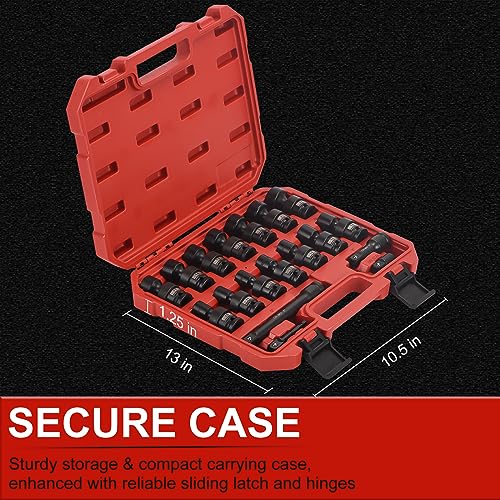 AOBEN 18 PCS 1/2" Drive Shallow Universal Impact Socket Set, Swivel Socket with Flexible Wobble, 6 Point, Metric,10-24mm,Cr-V Steel, Includes Extension Bars and Adapter