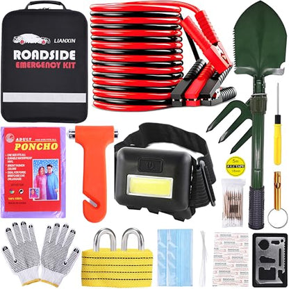 Emergency Car Kit,Automotive Safety Kits with Jumper Cables, Safety Hammer | Premium Roadside Assistance Kit for Cars Gifts for New Drivers Headlamp, folding shovel,for travel and roadside emergencies - color: Green