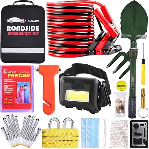 Emergency Car Kit,Automotive Safety Kits with Jumper Cables, Safety Hammer | Premium Roadside Assistance Kit for Cars Gifts for New Drivers Headlamp, folding shovel,for travel and roadside emergencies - color: Green