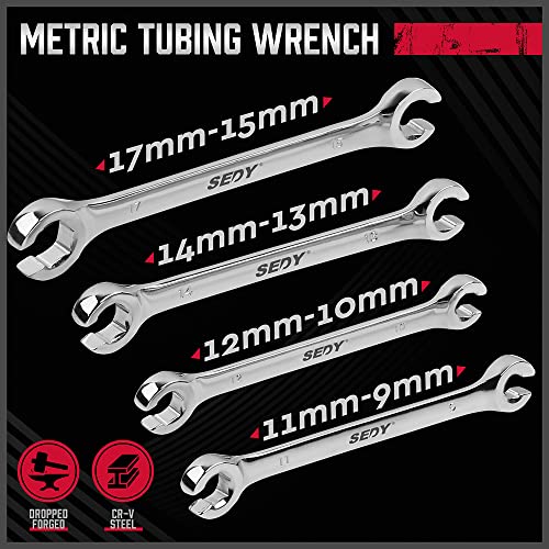 SEDY 4-Piece Flare Nut Wrench Set, Offset End Spanner Metric 9 10 11 12 13 14 15 17mm, CR-V Steel Storage Pouch Repair and Remove Nuts on Fuel Tube Hose Transmission Line - style: 4-Pc Metric (Flare Nut)