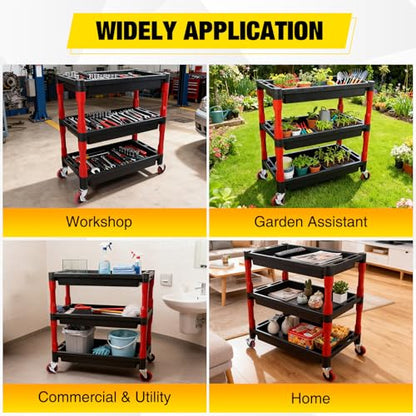 3-Tier Rolling Utility Cart with 4" Swivel Wheels, Heavy-Duty Plastic Tool Cart for Auto Detailing, Garage & Workshop - size: 3-Tier