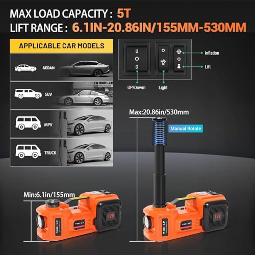 E-HEELP Electric Car Jack Kit 5Ton 12V Hydraulic Car Jack Lift (Lifting Range: 6.1~17.7 inch) with Electric Impact Wrench for SUV MPV Sedan Truck Change Tires Garage Repair