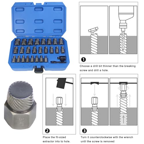 27-Pieces Double Head Screw Extractor Set, Easy Out Bolt Extractor Remover Kit, Hex Head Multi-Spline Stripped Rounded Damaged Broken Screw Removal