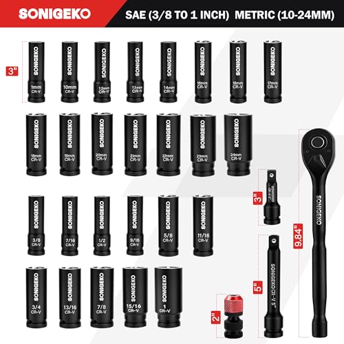 30-Piece 1/2" Drive Deep Impact Socket Set | SAE(3/8"–1")& Metric (10mm–24mm), Includes 3", 5" Extension Bars, Ratchet Wrench & Bit Adapter - size: 30 PCS, 1/2" Socket Set, Metric & SAE