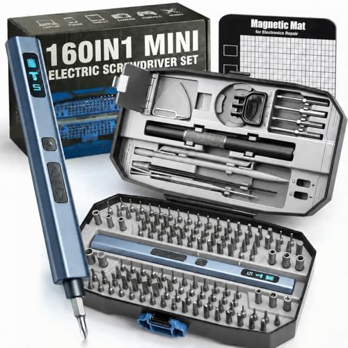 160 in 1 Mini Electric Screwdriver Set: Cordless Precision Power Tool Kit | 140 S2 Magnetic Bits, 5 Torque Settings, 4 LED Lights, Storage Case, PC Electronics Repair, Men's Tech Gift (Gray) - color: Gray-160in1