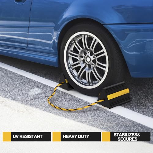 Okllen 2pair/4pack Wheel Chocks with Rope for RV Truck Trailer Camper Car, Heavy Duty Rubber Tire Chocks Blocks with 3 Reflective Strips, Anti-Roll Immobilizer Blocks