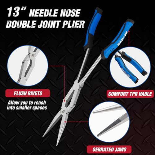 Rizom 3-Piece Long Reach Pliers Set, 13 Inch Double Jointed Long Needle Nose Pliers, 11 Inch 45° & 90° Bent Nose Pliers for Narrow Spaces and Limited Areas - size: 3PCS