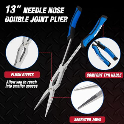 Rizom 3-Piece Long Reach Pliers Set, 13 Inch Double Jointed Long Needle Nose Pliers, 11 Inch 45° & 90° Bent Nose Pliers for Narrow Spaces and Limited Areas - size: 3PCS