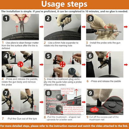 Tubeless Tire Gun Puncture Repair Kit with 36 Mushroom Plugs, for Tire Punctures and Flats on Cars, ATV, Trucks, Motorcycles & Tractors,Quick Repair, Airtight Seal（Black） - size: Gun Kit+ 36 Plugs