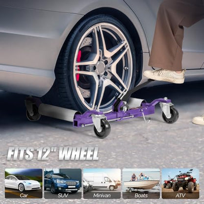 TUFFIOM Car Wheel Dolly Set of 4, Mechanical 6000-lbs Car Dollies, 12'' Wheel Vehicle Positioning Jack, No Assembly, Heavy Duty Rollers w/Ratcheting Foot Pedal, for Tire Auto Repair, Purple - color: Purple-Silver,Set of 4