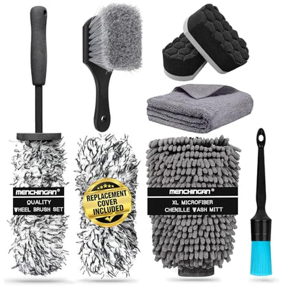 Professional Car Wheel Cleaning Kit with Ultra-Flat Wheel Brush, Tire Brush, Detailing Brush, Chenille Wash Mitt, Tire Shine Applicator Pad, Microfiber Towel | Gentle Scratch-Free Car Wash & Care