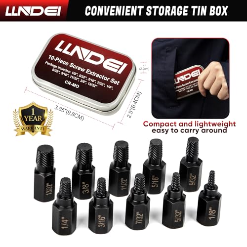 LLNDEI Screw Extractor Set, Hex Head Easy Out Set 10 Pieces, Multi-Spline Ez Out Stripped Extractor (1/8”-13/32”) CR-MO, Stripped Fastener Tool - size: Screw Extractor Set -10pcs