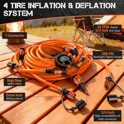 4 Tire Inflation Deflation System W/300PSI Digital Pressure Gauge | Fits up to 200" Wheelbase, Plastic Carry Box & Heavy Duty Hoses, Fits Truck, Car, Trailer, Motorcycle Offroad Vehicles,Orange - color: Orange