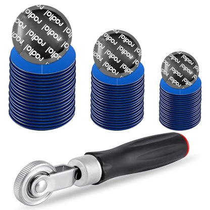 60PCS Tire Patch Kit, 32mm 42mm 58mm Round Rubber Tire Patches with Roller, Universal Tube Patch Tyre Puncture Repair Stitcher Tool for Car Truck Motorcycle Bicycle