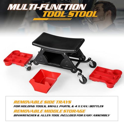 Magshion Garage Creeper Seat with Built-in Storage Drawer & Tool Holder – Durable Plastic Rolling Mechanic Stool with Wheels, 300 Lbs Capacity for Workshop & Auto Repair (Red)